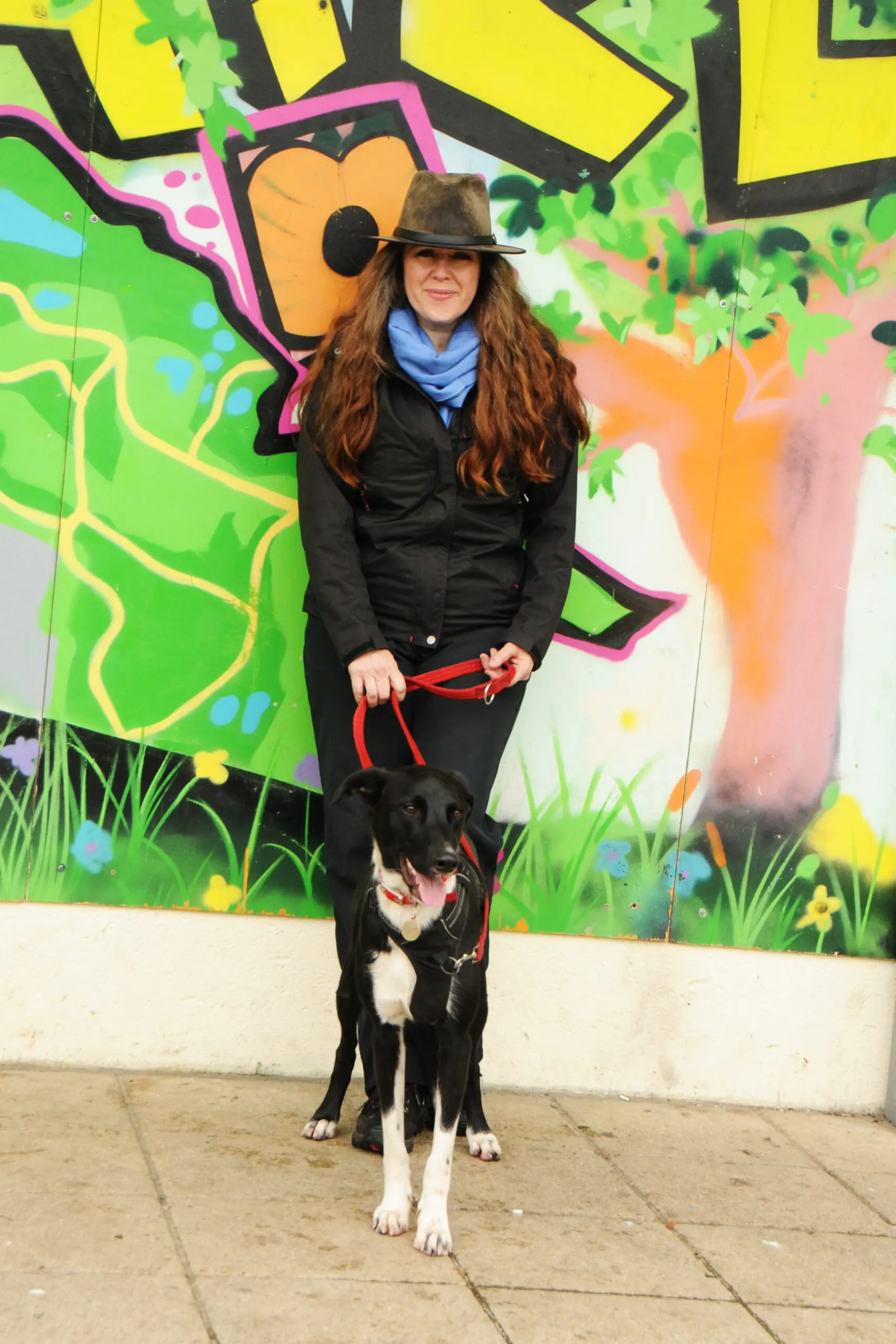 Niki French with Bodie in graffiti wall hi res Bodie standing calmly by park bench